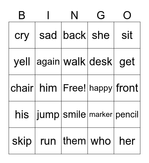 sight words Bingo Card