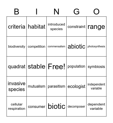 Ecology Vocab Review Bingo Card