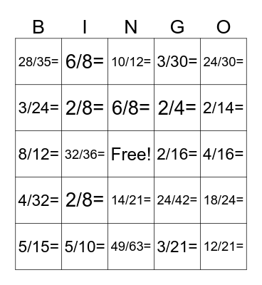 Simplifying Fractions BINGO Card