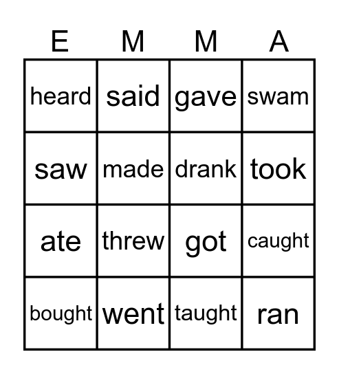 Irregular Past Tense Verbs Bingo Card