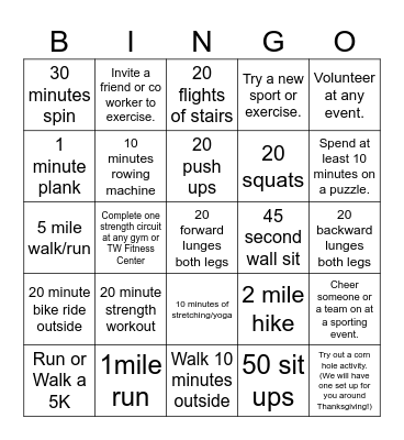 November Fitness Bingo Card