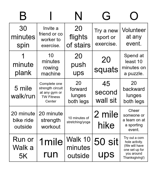 November Fitness Bingo Card