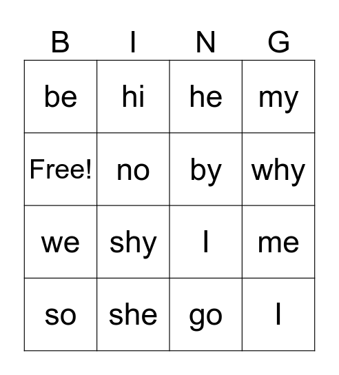 Open Syllable Bingo Card