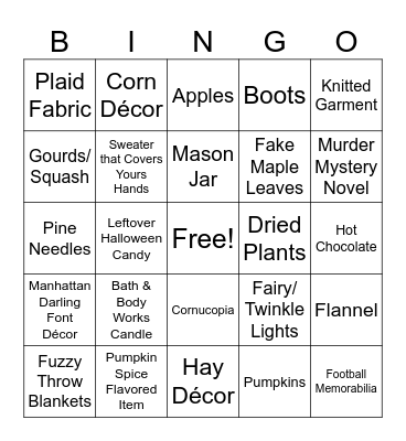 Cliché Fall Items Bingo Card