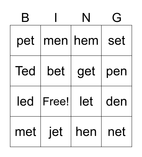 1st Grade Decodable Words Bingo Card