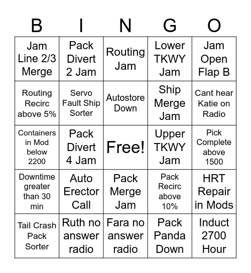 H Shift Bingo Card