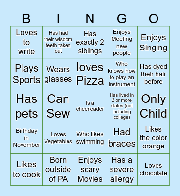 Let's get to know each other better! Bingo Card