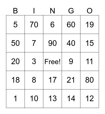 Number Bingo Card