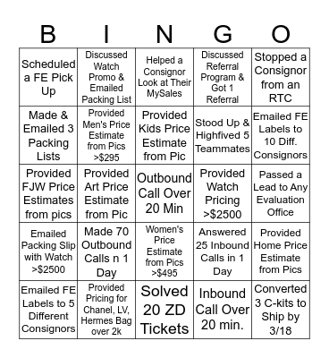 Inside Sales Bingo Card