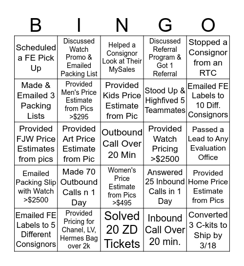 Inside Sales Bingo Card