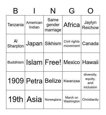 Cultural Bingo Card