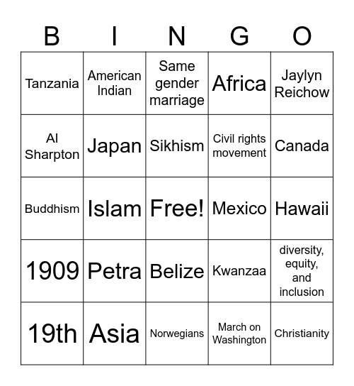 Cultural Bingo Card