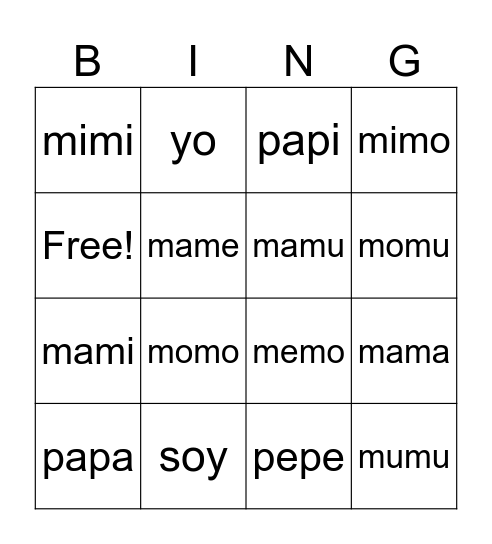 palabras Bingo Card