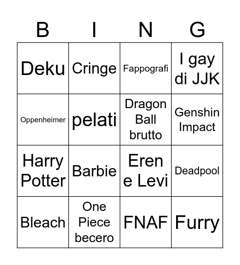 Lucca Vomics 2023 Bingo Card