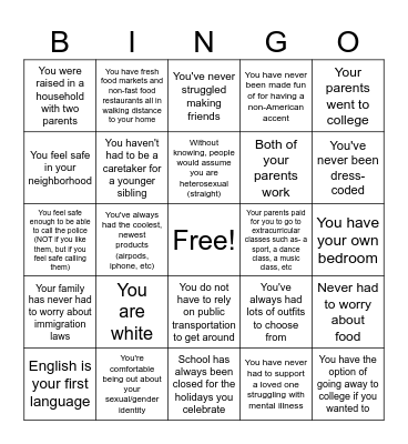Privilege Bingo Card