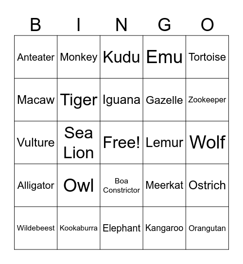 Zoo Bingo Card