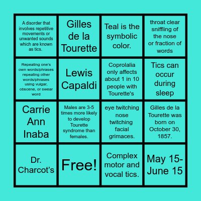 Tourette Syndrome Bingo Card