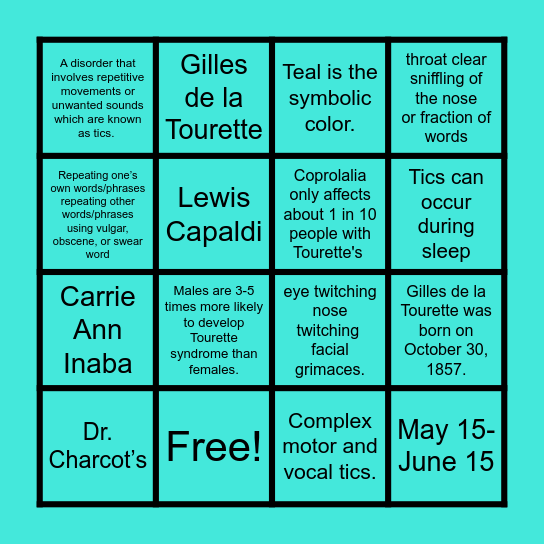 Tourette Syndrome Bingo Card