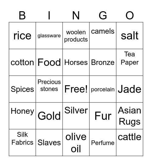 Silkroad Goods Bingo Card