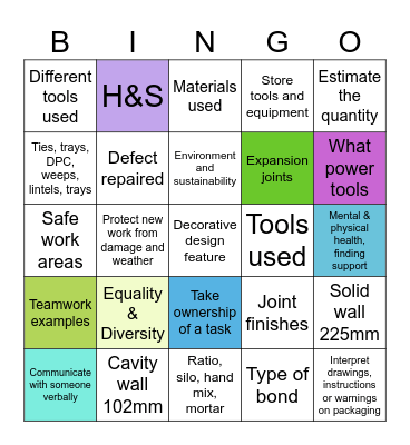 Bricklaying Bingo Card