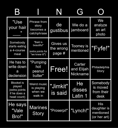 Mr. Hill's Latin Class Bingo Card