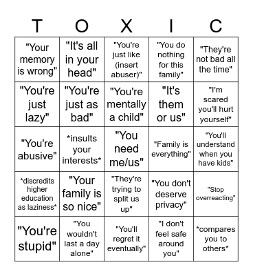 Toxic Family Bingo Card