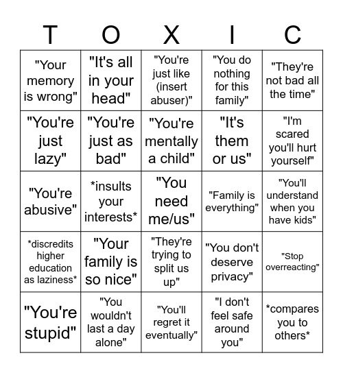 Toxic Family Bingo Card
