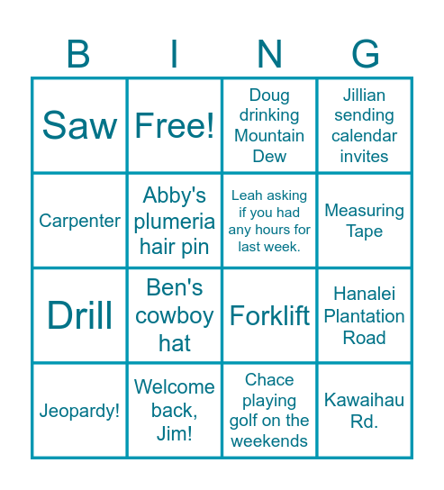 Williams Construction Bingo Card