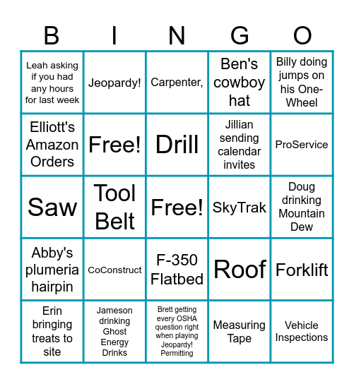 Williams Construction Bingo Card