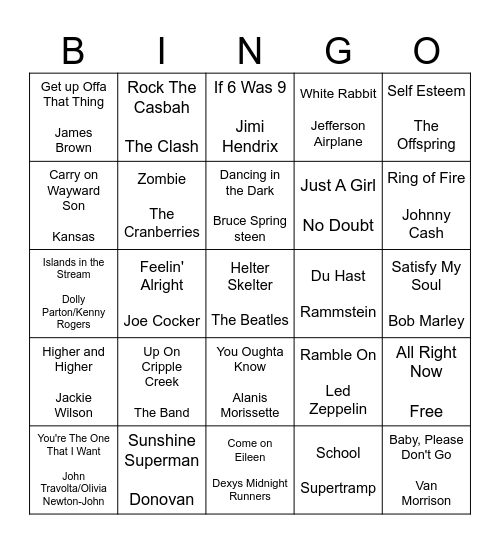 ROCK 'N' ROLL Bingo Card