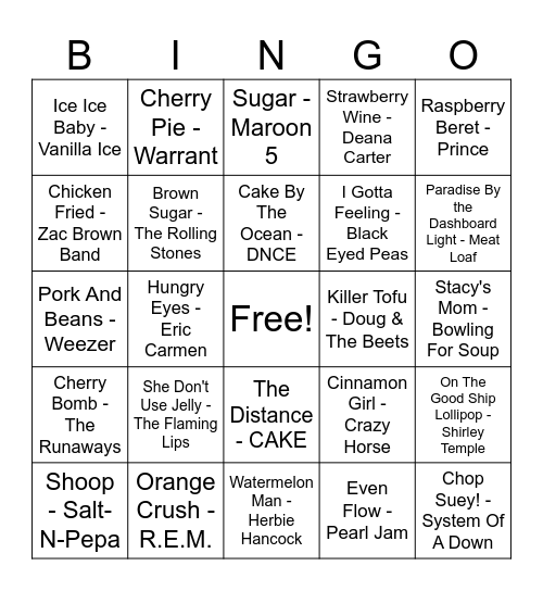 Food Tunes Bingo Card