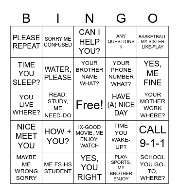 ASL GRAMMAR PRACTICE Bingo Card