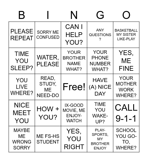 ASL GRAMMAR PRACTICE Bingo Card
