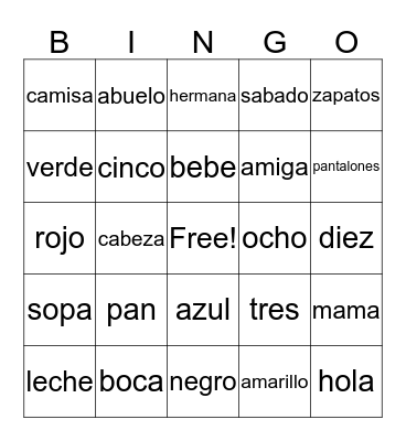 Spanish words Bingo Card