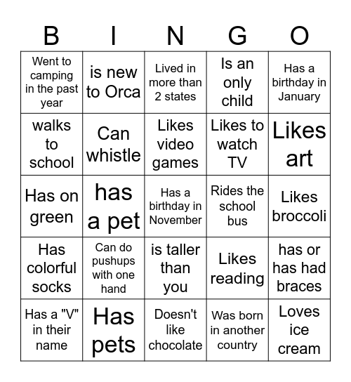 Middle School BINGO: Find someone who... Bingo Card