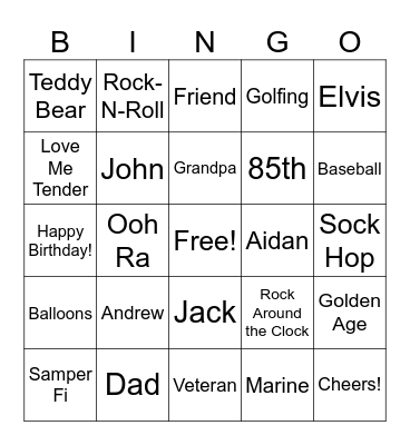 Jack's 85th Birthday Celebration Bingo!! Bingo Card