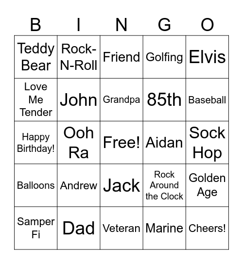 Jack's 85th Birthday Celebration Bingo!! Bingo Card