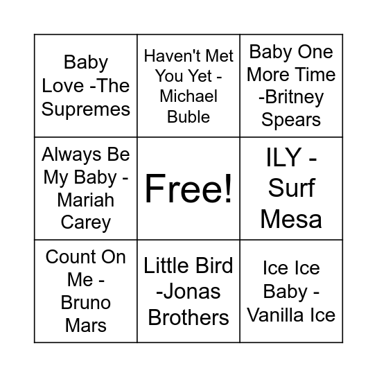Baby Songs Bingo Card