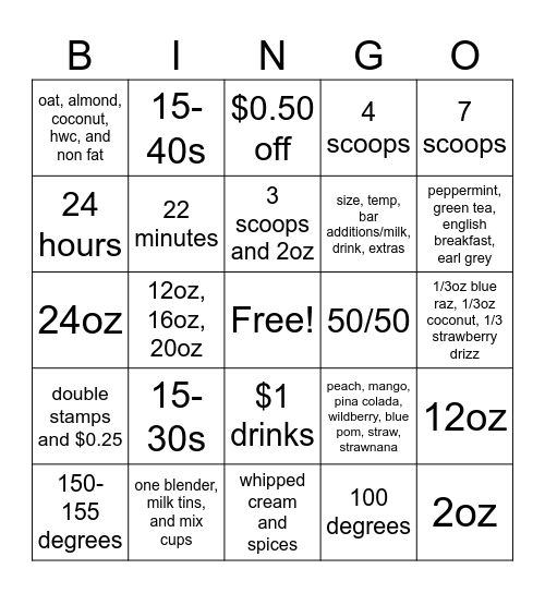 Barista BINGO Card