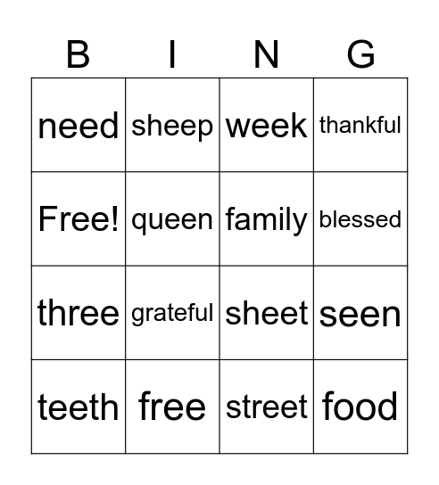 4th Spelling Bingo Card