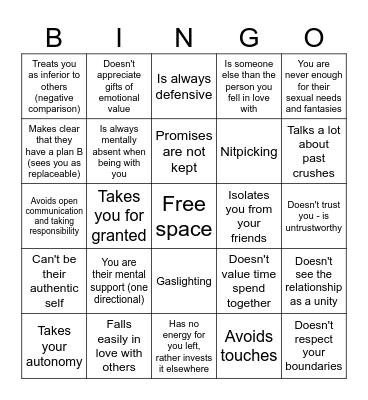 Relationship Red Flags Bingo Card
