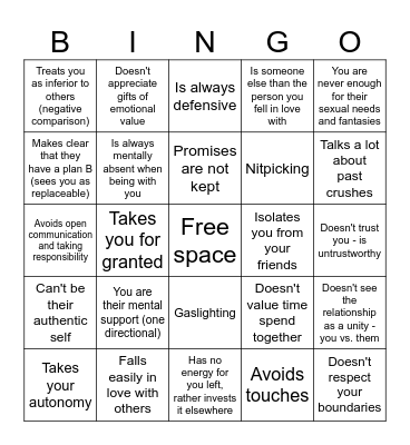 Relationship Red Flags v2 Bingo Card
