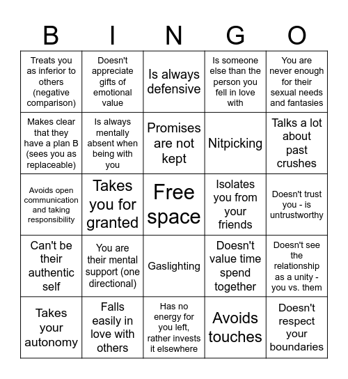 Relationship Red Flags v2 Bingo Card