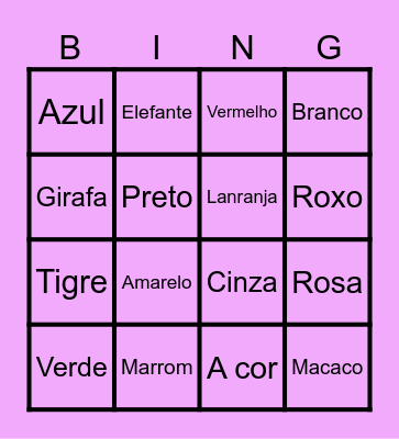 Portuguese Color and Animal Bingo Card