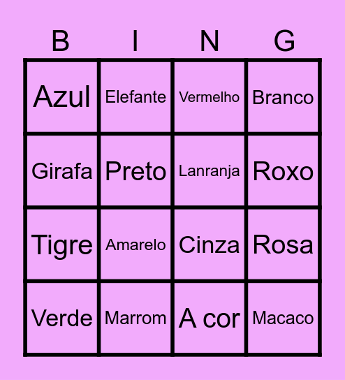 Portuguese Color and Animal Bingo Card