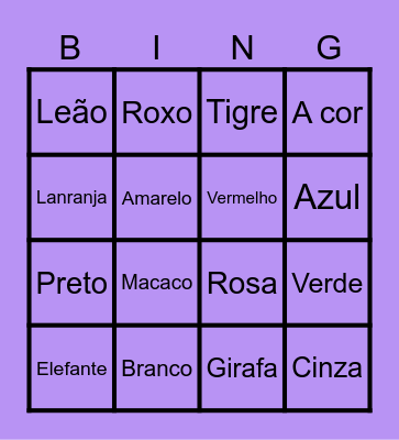 Portuguese color and animal bingo Card