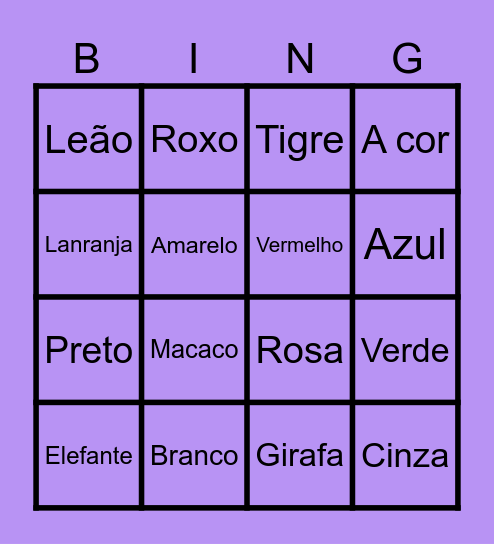 Portuguese color and animal bingo Card