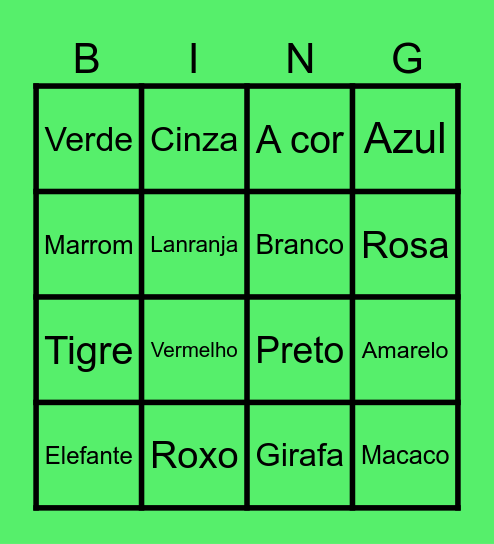 Portuguese Color and Animal Bingo Card