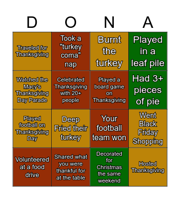 Thanksgiving Bingo! Bingo Card