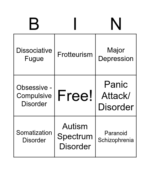 Psychological Disorder Game Bingo Card